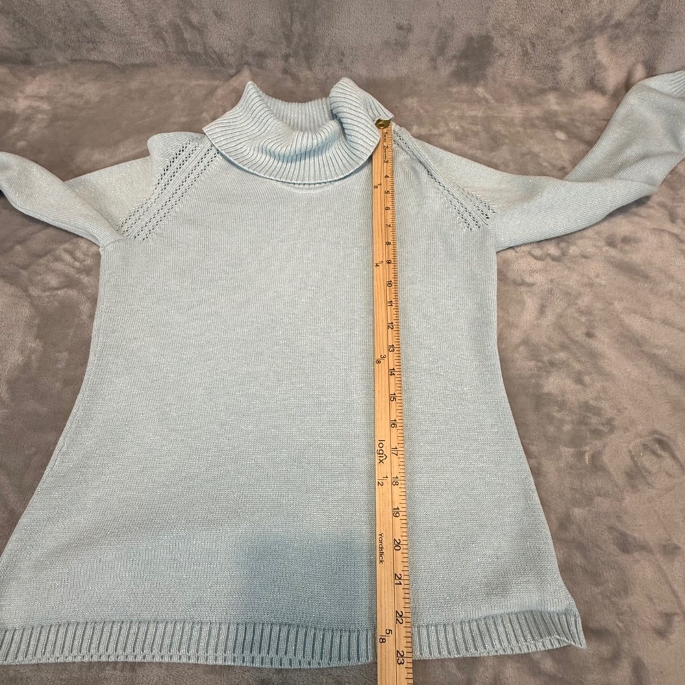 Liz Claiborne Light Blue Metallic Shimmer Cowl Neck Sweater Pointelle Shoulder L - Picture 5 of 8
